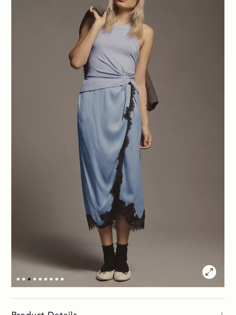 Anthropologie Light Blue Midi Skirt with Black Lace Trim